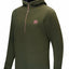 Green hooded sweater with a small logo on a white background