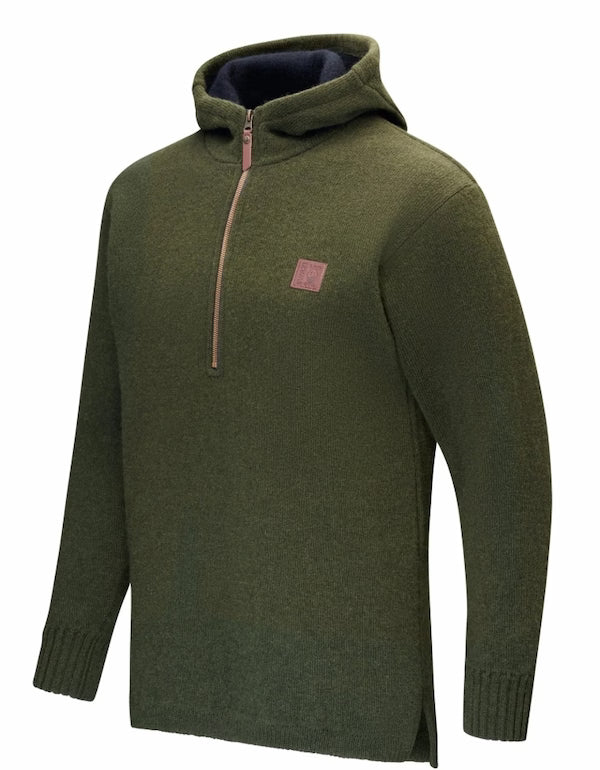 Green hooded sweater with a small logo on a white background