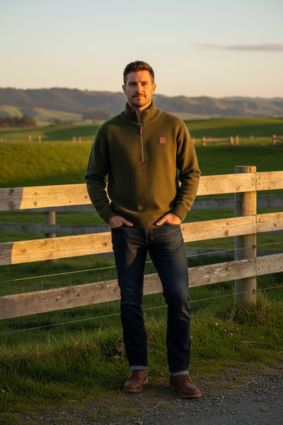 Man standing in a field with a wooden fence and green landscape in the background