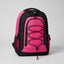 Pink and black backpack on a light gray background