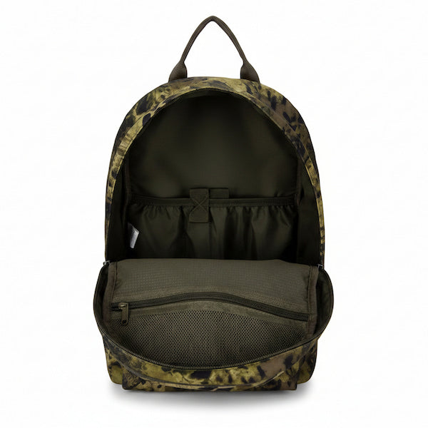 An open backpack with a green and brown camouflage pattern, showing its interior storage compartments, including a main zippered pocket and mesh organizer, on a white background.