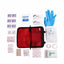 A first aid kit contents layout on a white background, featuring a red zippered case, blue gloves, an ABD PAD, gauze pads, bandages, tape, and other medical supplies.