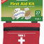 Coghlan's Trek I First Aid Kit in a red zippered pouch with a green header card showing the product contents and '27 items' text.