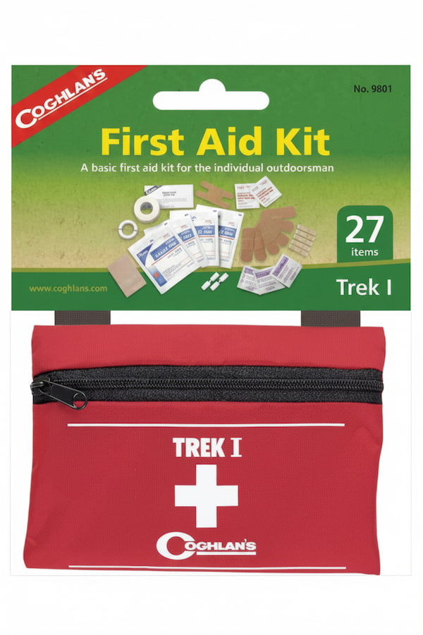 Coghlan's Trek I First Aid Kit in a red zippered pouch with a green header card showing the product contents and '27 items' text.