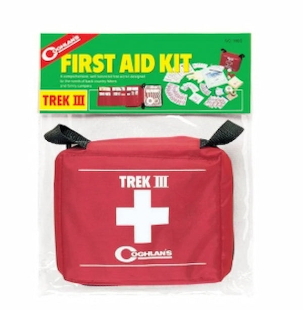 Red first aid kit with 'Trek III' branding on a white background