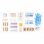 A first aid kit contents layout on a white background, including bandages, adhesive pads, gauze, tape, yellow tubes, and blue gloves.