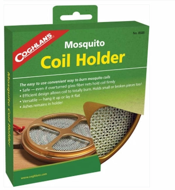 Coghlan's Mosquito Coil Holder packaging with green background and product image.