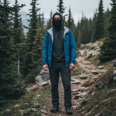 Person wearing a blue jacket and black pants standing on a rocky trail in a forest.