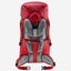 A red and gray hiking backpack shown from the back, featuring a padded mesh backrest, shoulder straps, and compression buckles, set against a light gray background.