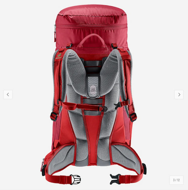 A red and gray hiking backpack shown from the back, featuring a padded mesh backrest, shoulder straps, and compression buckles, set against a light gray background.