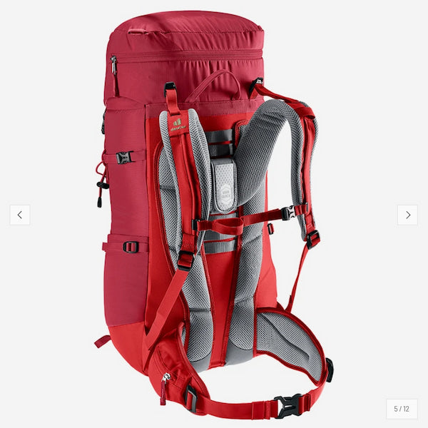 A red and gray hiking backpack shown from the back, featuring padded shoulder straps, a breathable mesh back panel, and multiple zippered compartments, set against a light gray background.
