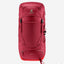 A red Deuter hiking backpack shown from the front on a light gray background, featuring multiple compression straps, side pockets, and a small Deuter logo near the top.
