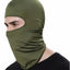 Person wearing an olive green balaclava on a white background
