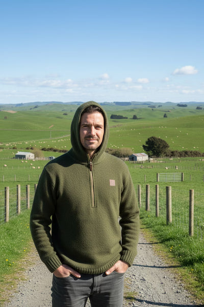 Man wearing a green hoodie standing on a dirt path with a scenic landscape of green fields and hills in the background.