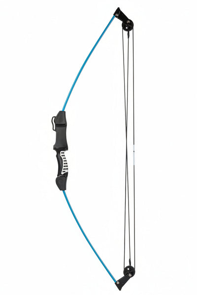 A compound bow with a bright blue riser and black limbs, cables, and handguard, shown against a plain white background.