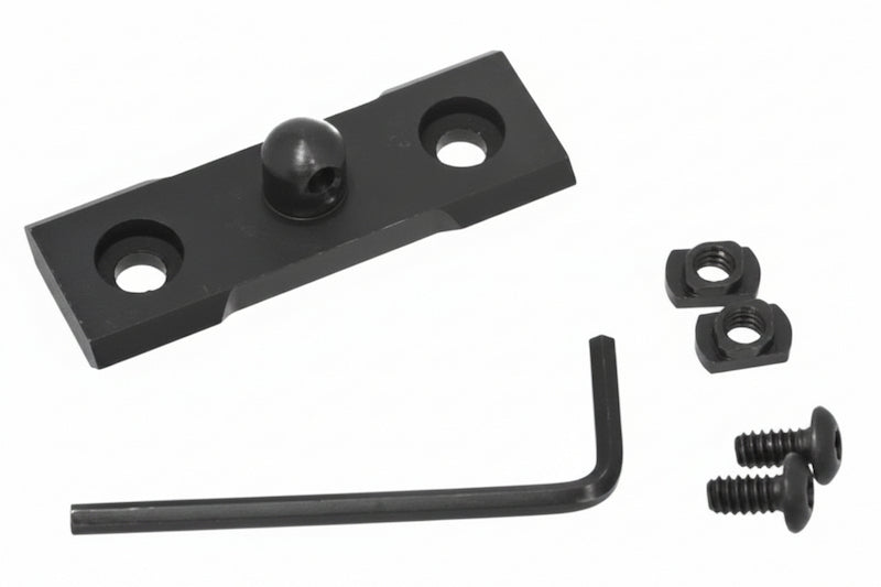 Black metal mounting bracket kit with two screws, two nuts, and a hex wrench on a white background.