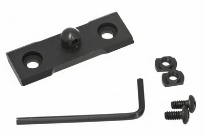 Black metal mounting bracket kit with two screws, two nuts, and a hex wrench on a white background.