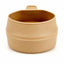 Beige ceramic mug with handle on a white background