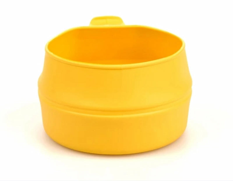 Yellow collapsible cup on a white background