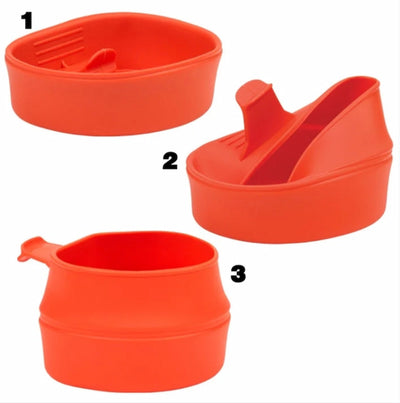 Three orange silicone cups with different designs on a white background