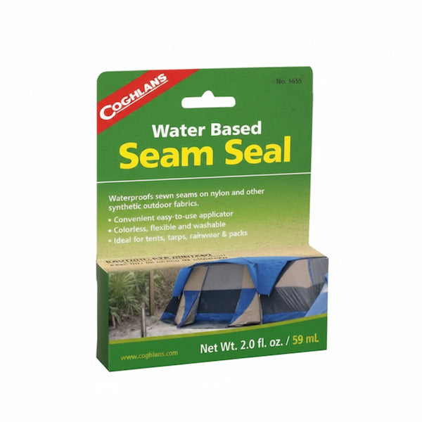 Coghlan's Water Based Seam Seal in its retail packaging, featuring a green and beige box with a red brand logo and an image of a blue tent.