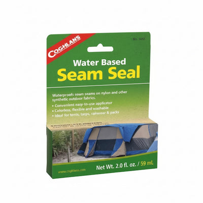 Coghlan's Water Based Seam Seal in its retail packaging, featuring a green and beige box with a red brand logo and an image of a blue tent.
