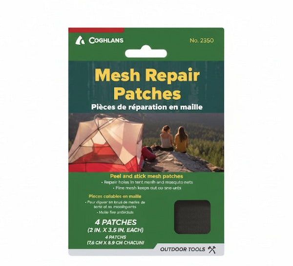 Coghlan's mesh repair patches packaging with a tent and people in the background.