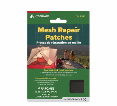 Coghlan's mesh repair patches packaging with a tent and people in the background.