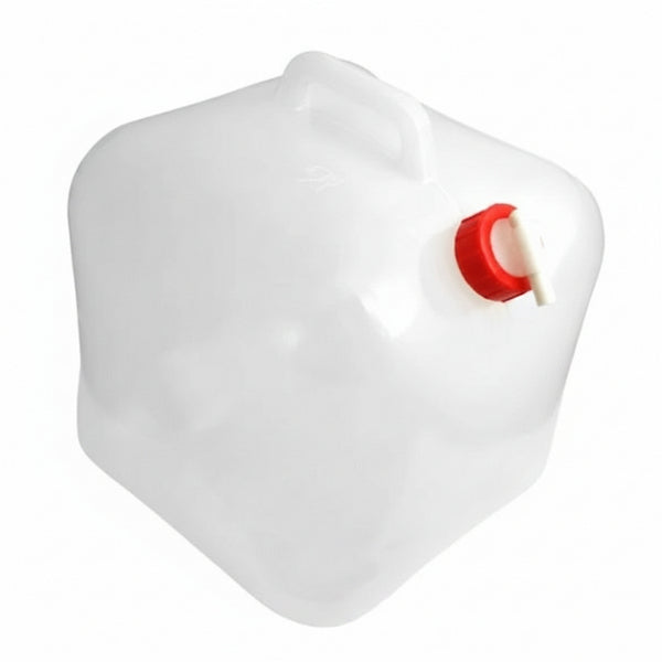 A translucent white plastic water container with a built-in handle and a red spout cap, shown on a plain white background.