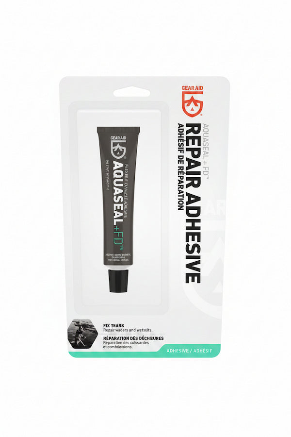 Gear Aid AquaSeal-FIT Repair Adhesive in a black squeeze tube, packaged in a clear blister card with white backing and green/red branding.