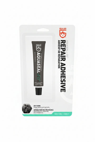 Gear Aid AquaSeal-FIT Repair Adhesive in a black squeeze tube, packaged in a clear blister card with white backing and green/red branding.