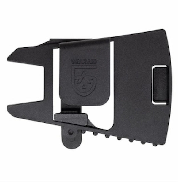 Black metal clip with a brand logo on a white background