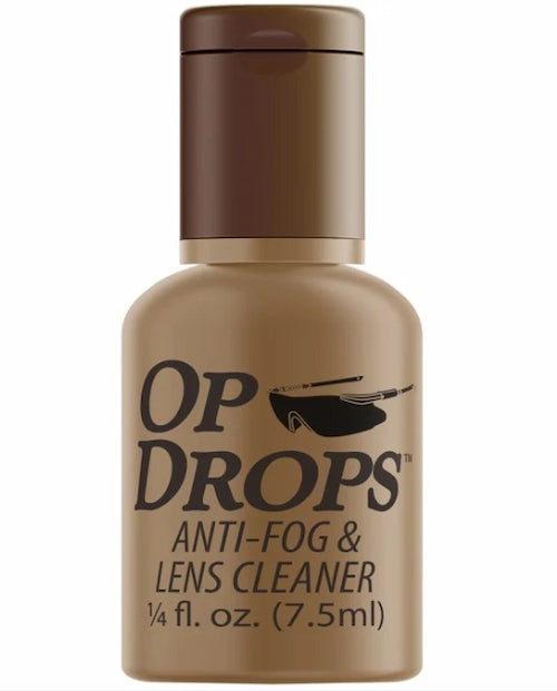 OP DROPS anti-fog and lens cleaner bottle on a white background