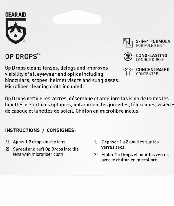 Front packaging panel for Gearaid Op Drops eye lens cleaner, showing product name, English and French text, and application instructions on a light gray background.