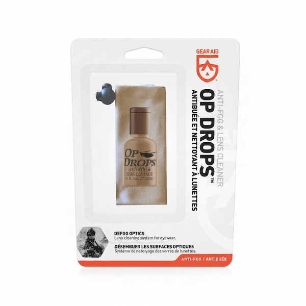 DEFOO OP DROPS lens cleaning kit in its original retail blister packaging, featuring a small bottle of lens cleaner and a lens cleaning tool, with branding for Gearaid and Defoo Optics.