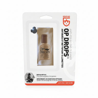 DEFOO OP DROPS lens cleaning kit in its original retail blister packaging, featuring a small bottle of lens cleaner and a lens cleaning tool, with branding for Gearaid and Defoo Optics.