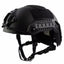 Black tactical helmet with a white background