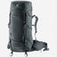 A dark gray Deuter backpack shown on a light gray background, with a matching side pouch attached. The backpack features multiple zippered compartments, compression straps, and padded shoulder straps.