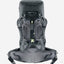 A dark gray and black technical hiking backpack shown from the back, featuring a padded hip belt, breathable mesh back panels, and compression straps, set against a plain light gray background.