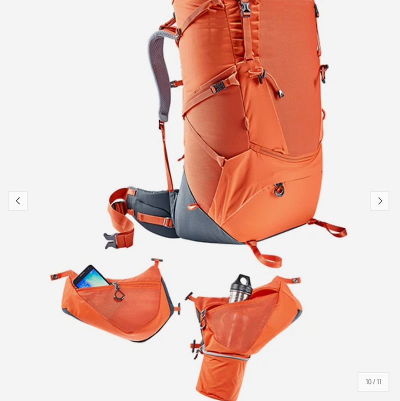 An orange hiking backpack with gray shoulder straps and base, shown with three floating accessory pockets containing a phone, phone case, and water bottle on a light gray background.