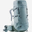 A large gray hiking backpack with multiple compression straps, a side pocket, and a visible Deuter logo on the top front, shown on a plain light background.