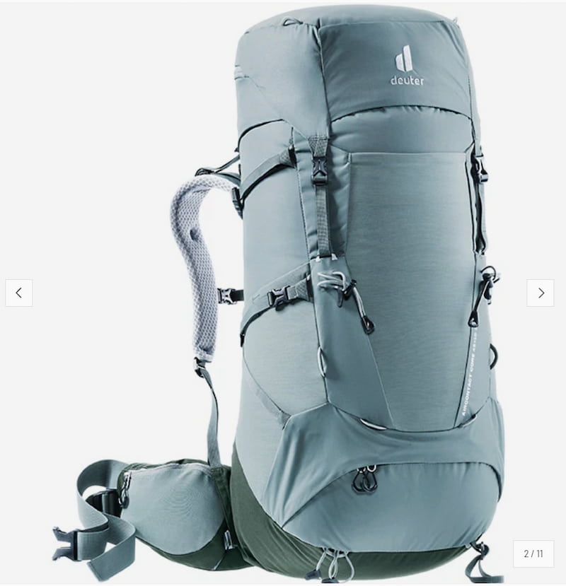 A large gray hiking backpack with multiple compression straps, a side pocket, and a visible Deuter logo on the top front, shown on a plain light background.