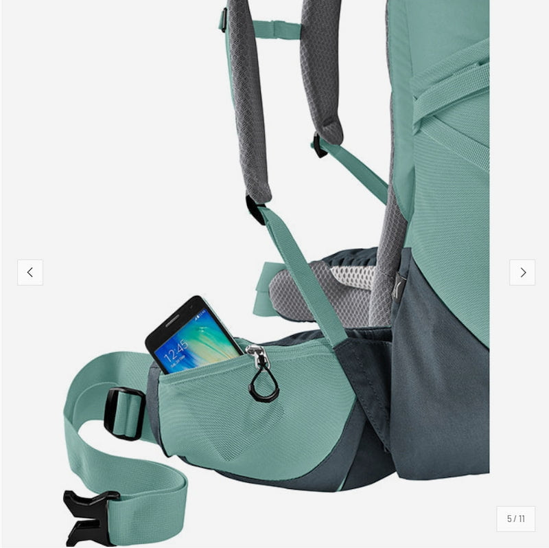 Green backpack with a phone pocket on a white background