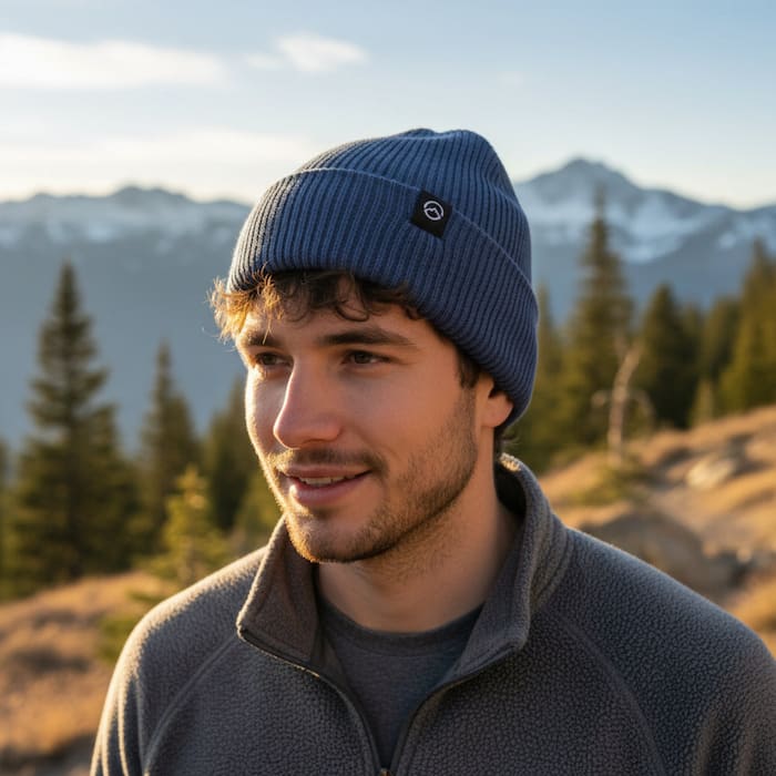 A man outdoors wearing a ribbed navy blue knit beanie with a small black circular logo patch and a gray fleece quarter-zip jacket, with mountains and trees in the background.