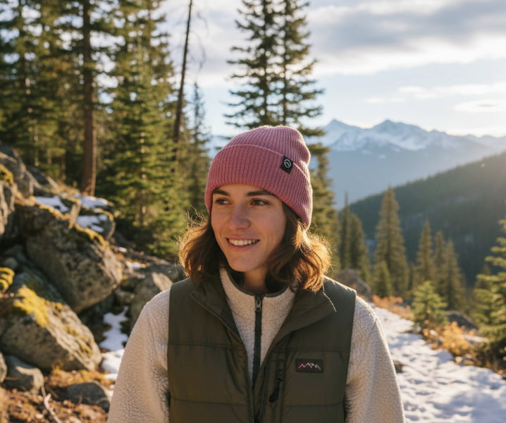A woman outdoors in a snowy mountain landscape wearing a pink ribbed knit beanie with a small black logo patch and a dark olive green puffer vest over a cream fleece. Trees and rocks are visible in the background.