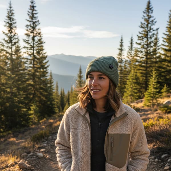 A woman wearing a beige sherpa fleece jacket and a green knit beanie stands outdoors in a mountain pine forest during golden hour.
