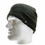 A dark olive green ribbed knit beanie hat displayed on a white mannequin head against a plain white background.