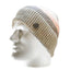 A ribbed knit beanie hat displayed on a white mannequin head. The hat features horizontal stripes in beige, gray, and a soft peach-pink, with a small round dark button on the side.