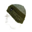A ribbed knit beanie hat in olive green and gray, displayed on a white mannequin head against a plain white background.