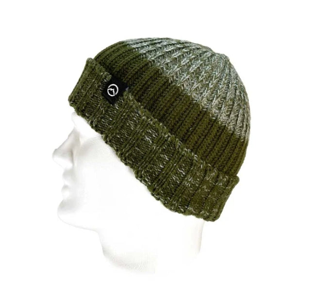 A ribbed knit beanie hat in olive green and gray, displayed on a white mannequin head against a plain white background.